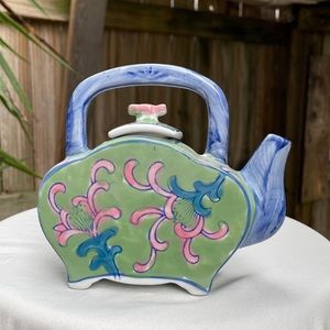 Ben Rickert Tea Pot with Lid, Elephant Floral Vintage Green Blue
